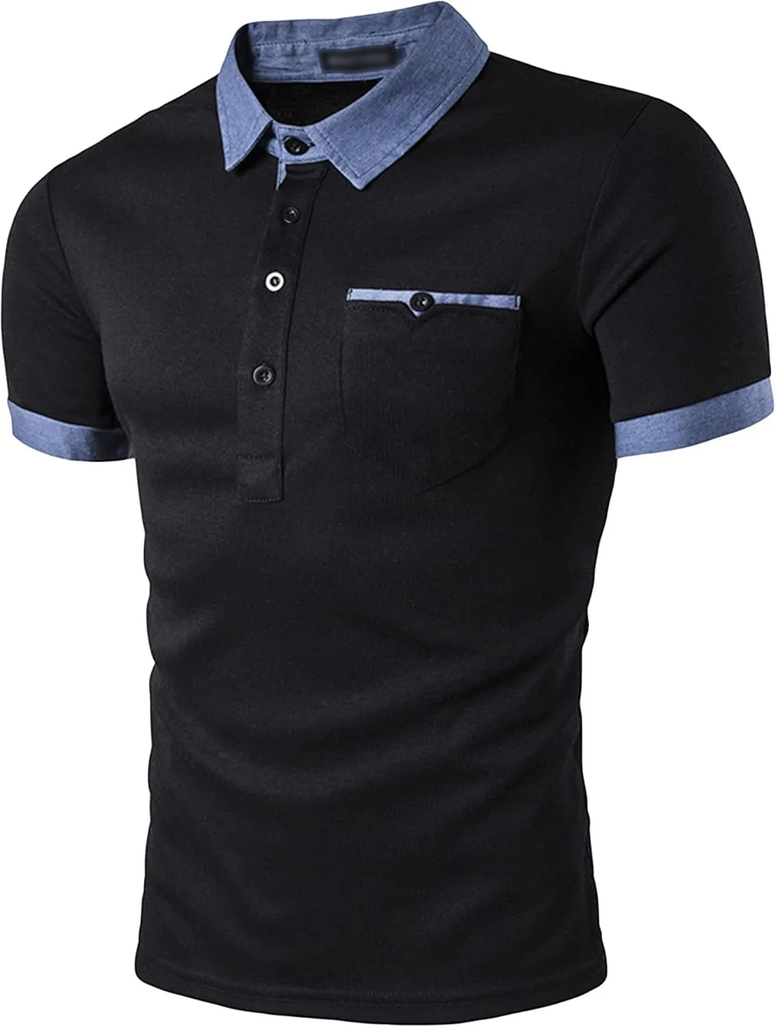 JEsilunmaMY Mens Pocket Denim Collar Polo T-Shirts Contrast Color Short Sleeve Golf Shirts Slim Fit Casual Cotton Shirts