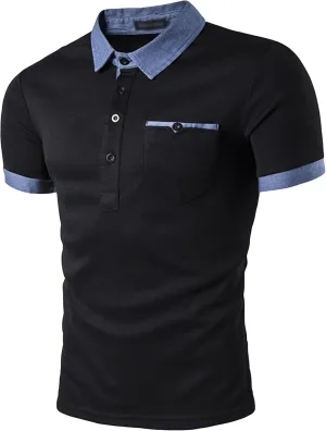 JEsilunmaMY Mens Pocket Denim Collar Polo T-Shirts Contrast Color Short Sleeve Golf Shirts Slim Fit Casual Cotton Shirts