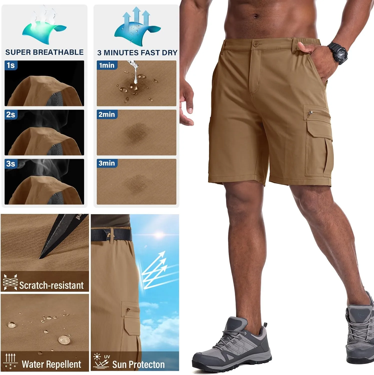Jessie Kidden Mens Outdoor Casual Expandable Waist Lightweight Water Resistant Quick Dry Fishing Hiking Shorts