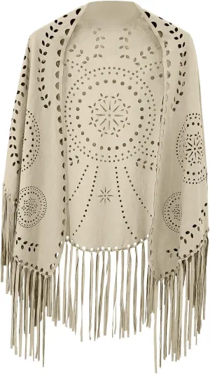 JOAU Suede Hollow Out Shawl Wraps for Women Open Front Ethnic Western Cowgirl Cardigan Capelet with Tassel Vintage Cape