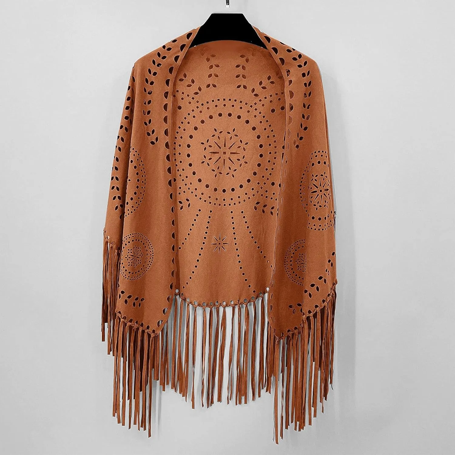 JOAU Suede Hollow Out Shawl Wraps for Women Open Front Ethnic Western Cowgirl Cardigan Capelet with Tassel Vintage Cape