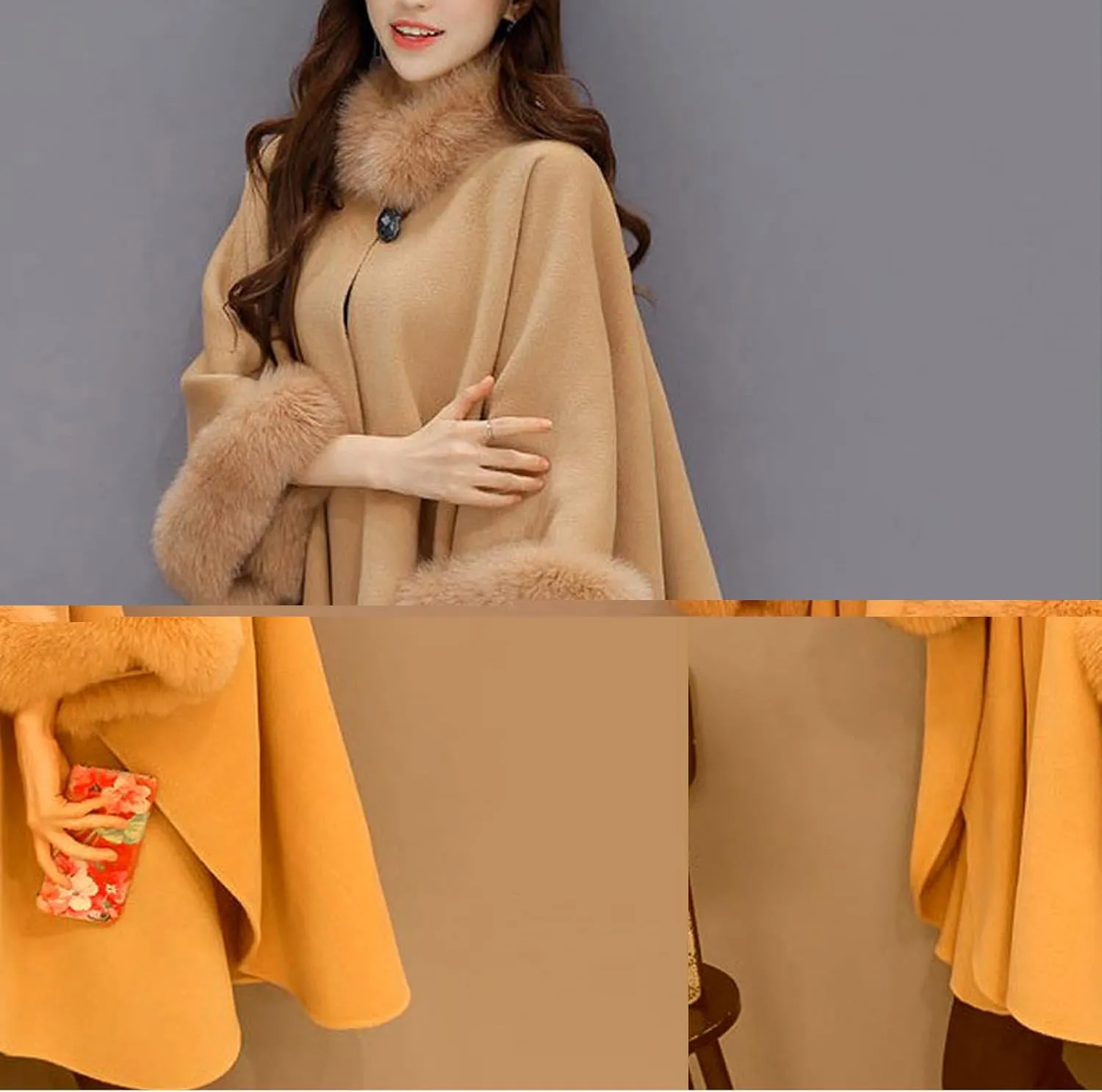 JOAU Women Winter Fashion Faux Fur Trim Shawl Loose Poncho Open Front Cardigan Warm Cape Wool Coats Cloak for Evening Dress