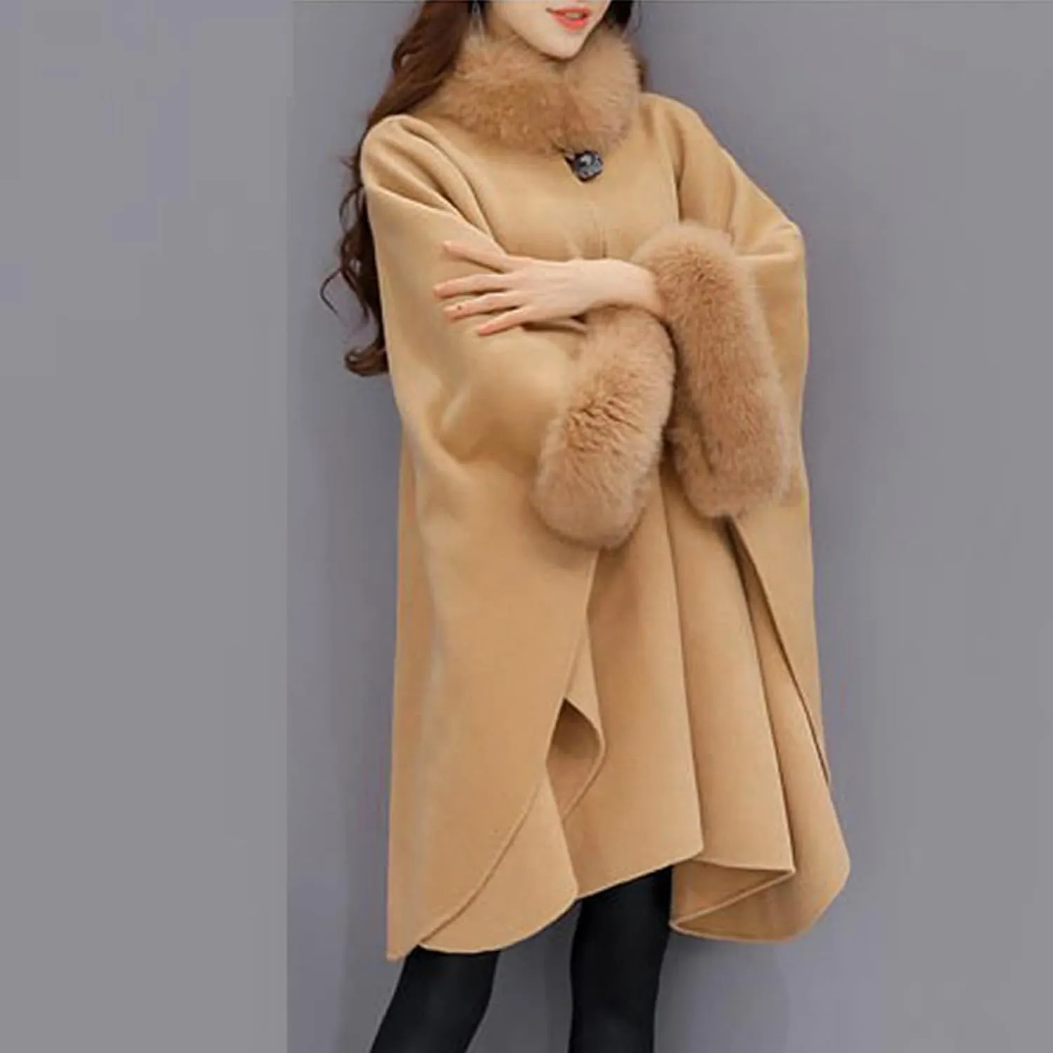 JOAU Women Winter Fashion Faux Fur Trim Shawl Loose Poncho Open Front Cardigan Warm Cape Wool Coats Cloak for Evening Dress