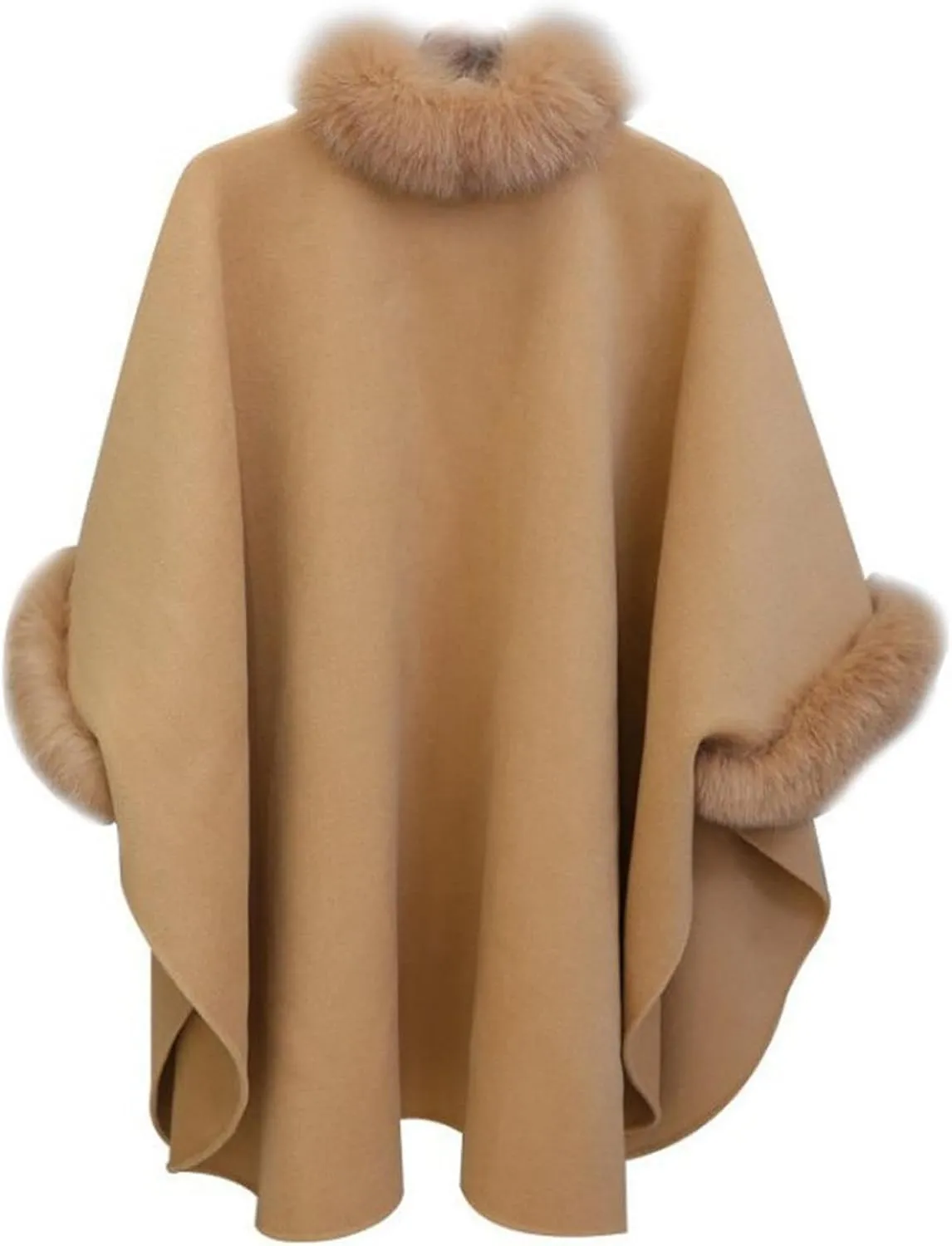 JOAU Women Winter Fashion Faux Fur Trim Shawl Loose Poncho Open Front Cardigan Warm Cape Wool Coats Cloak for Evening Dress