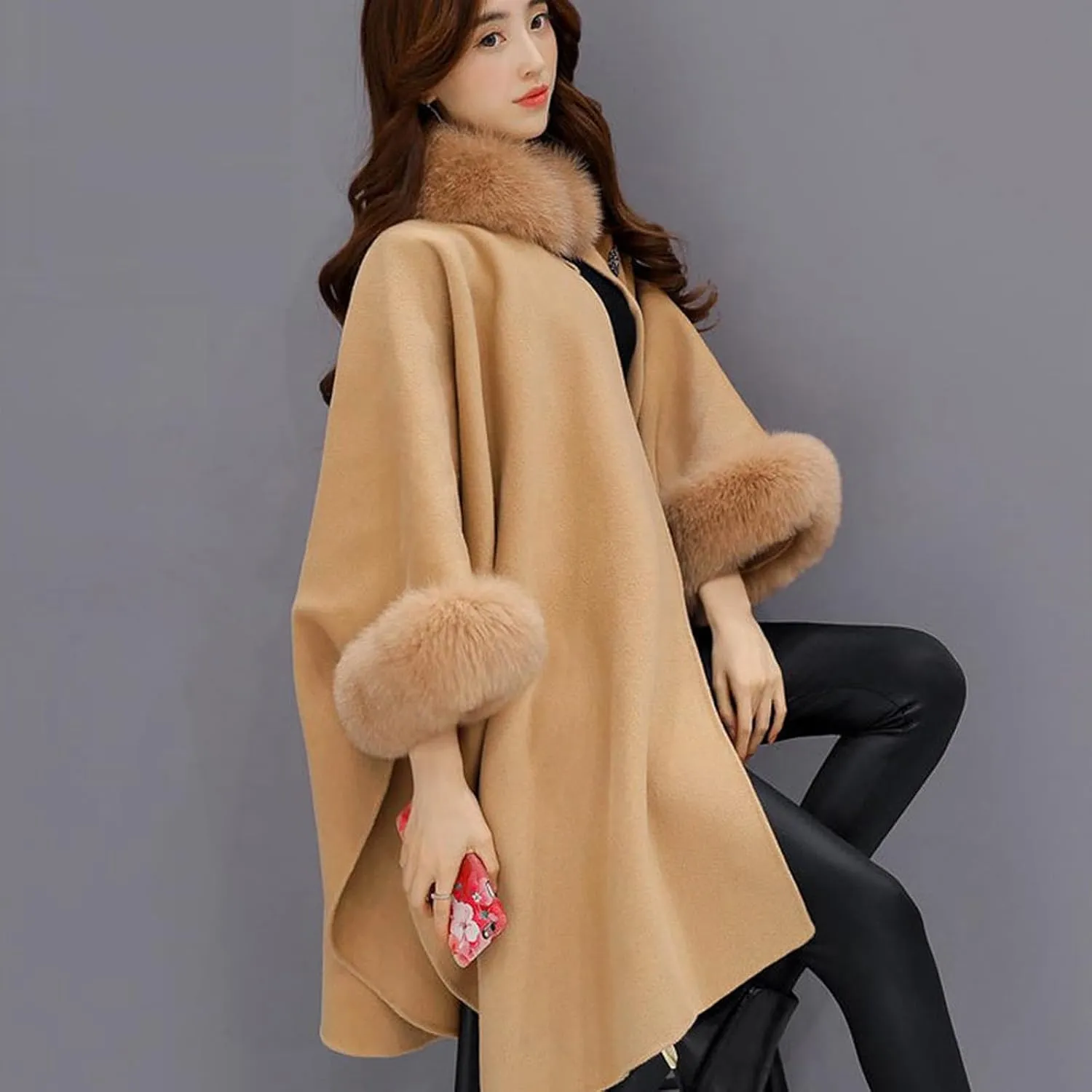 JOAU Women Winter Fashion Faux Fur Trim Shawl Loose Poncho Open Front Cardigan Warm Cape Wool Coats Cloak for Evening Dress