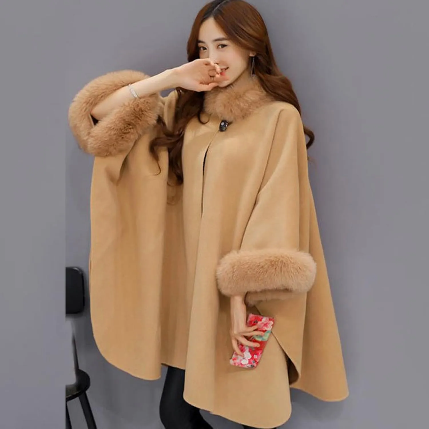JOAU Women Winter Fashion Faux Fur Trim Shawl Loose Poncho Open Front Cardigan Warm Cape Wool Coats Cloak for Evening Dress