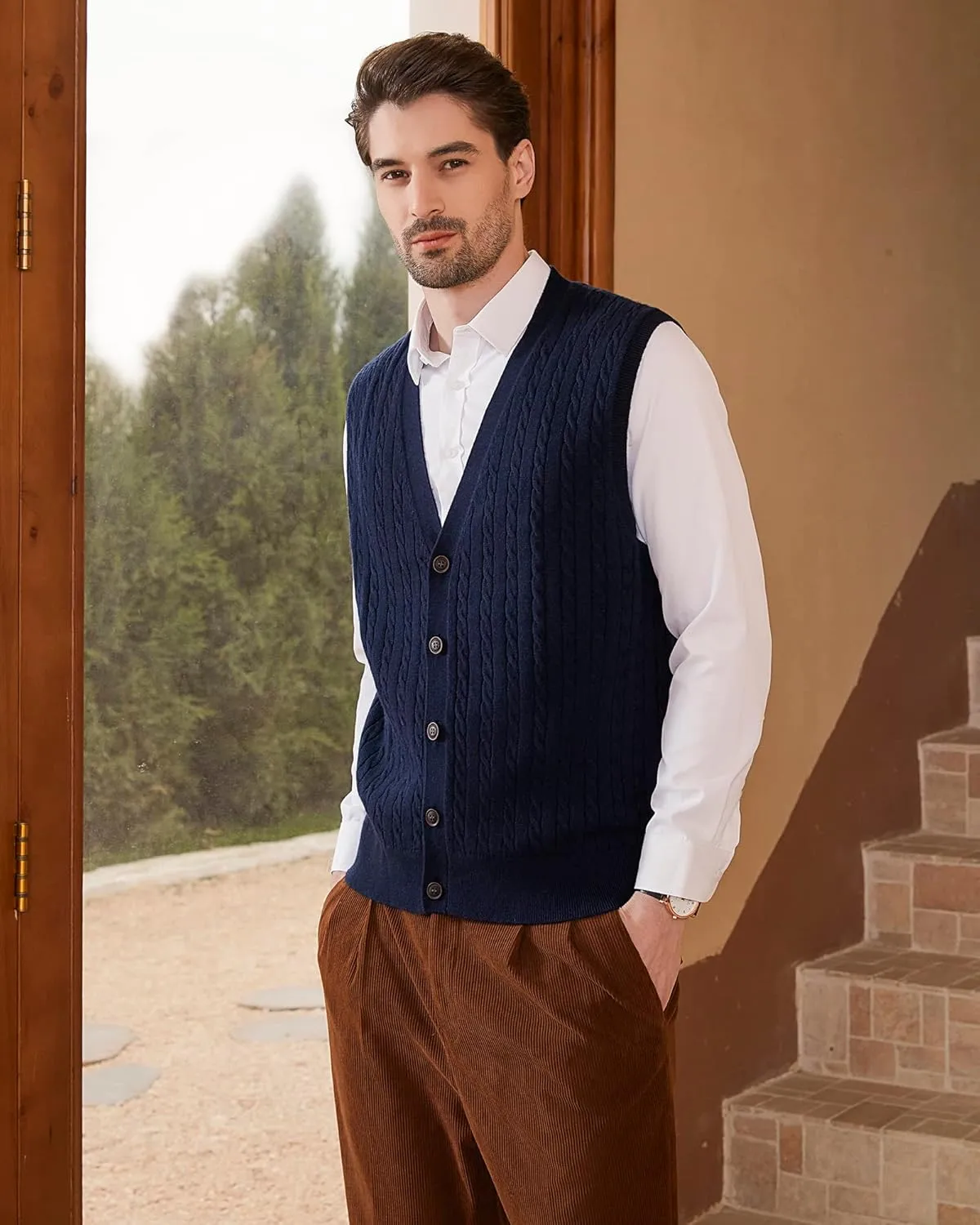 Kallspin Men's Cable Knit Sweater Vest Wool Blend V Neck Button Down Sleeveless Cardigan Vest
