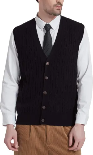 Kallspin Men's Cable Knit Sweater Vest Wool Blend V Neck Button Down Sleeveless Cardigan Vest