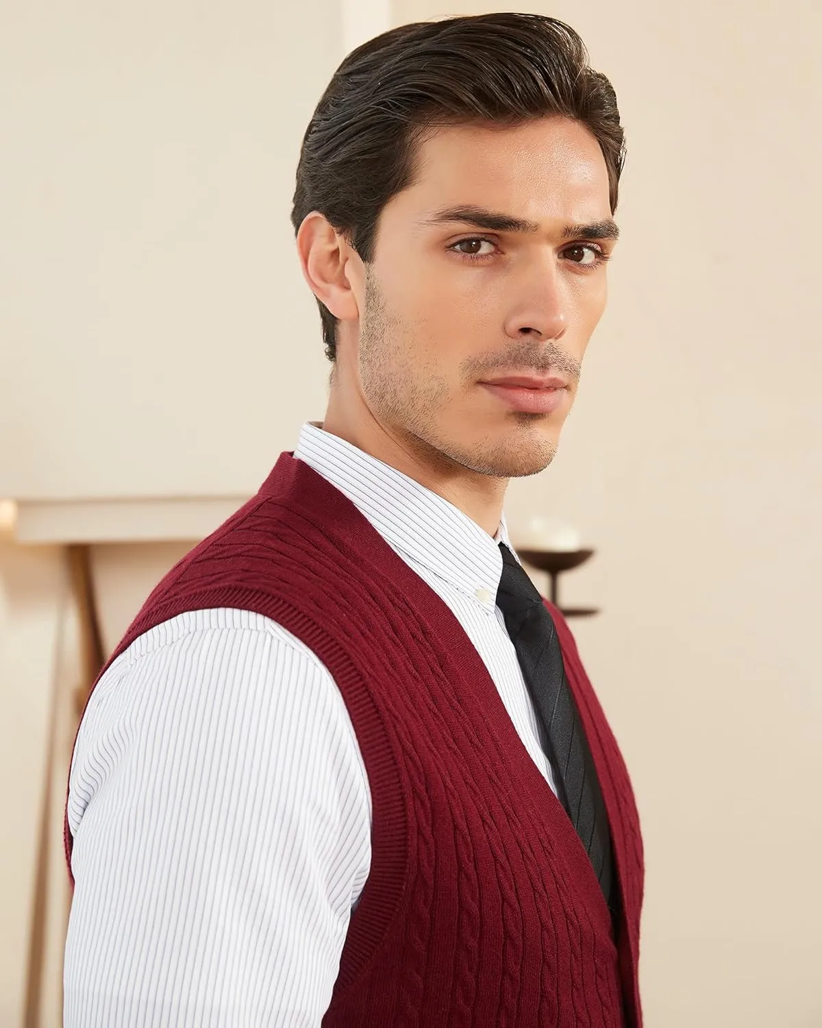 Kallspin Men's Cable Knit Sweater Vest Wool Blend V Neck Button Down Sleeveless Cardigan Vest