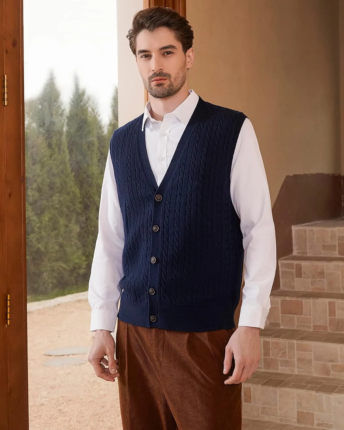 Kallspin Men's Cable Knit Sweater Vest Wool Blend V Neck Button Down Sleeveless Cardigan Vest