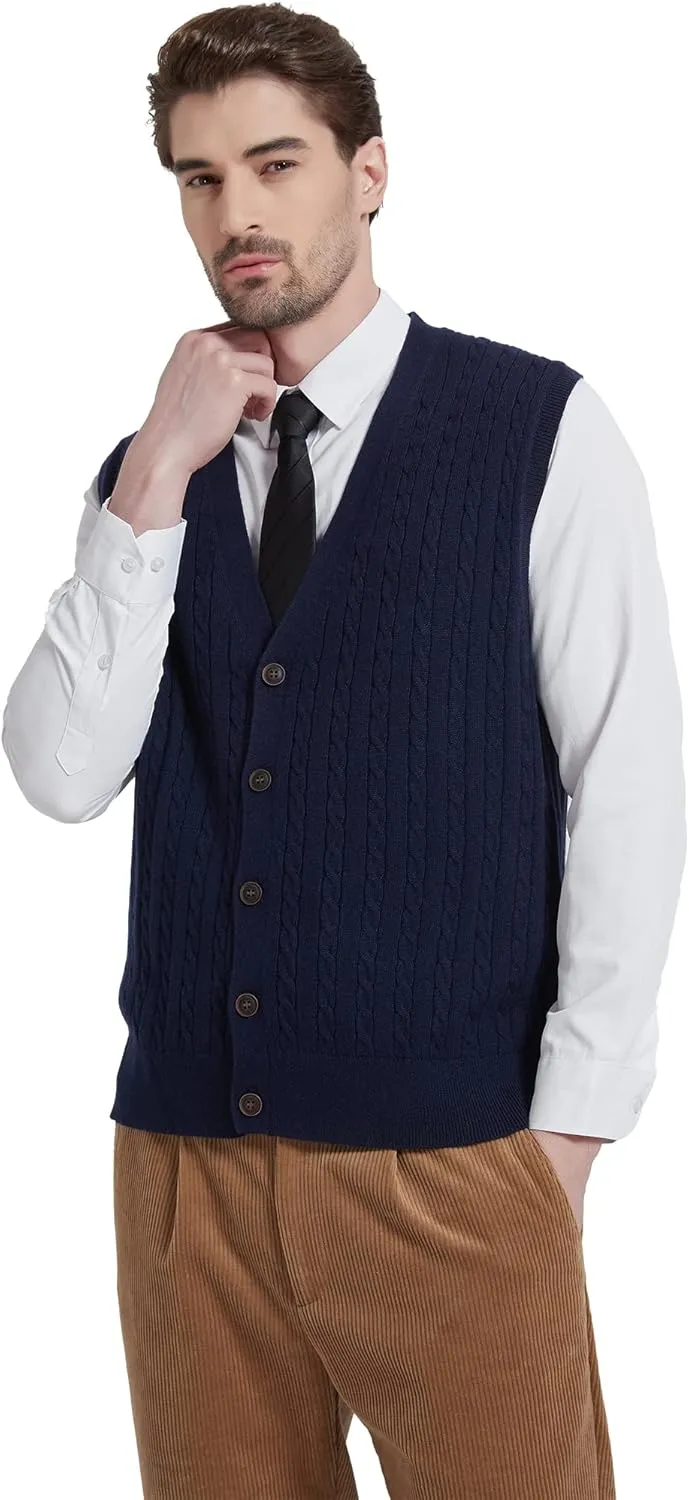 Kallspin Men's Cable Knit Sweater Vest Wool Blend V Neck Button Down Sleeveless Cardigan Vest