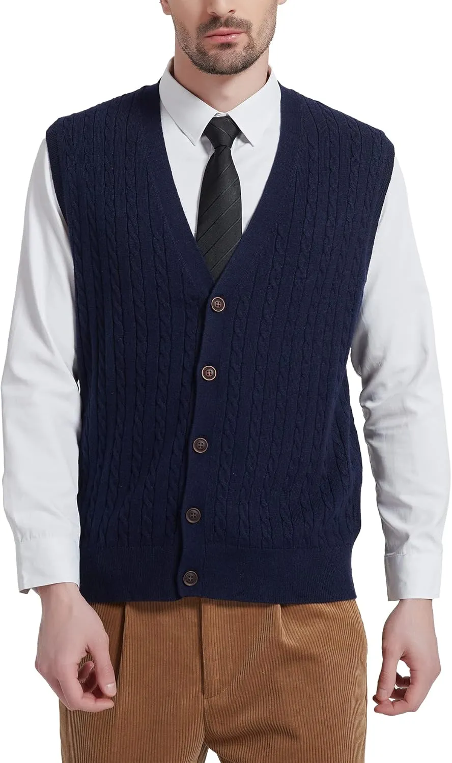 Kallspin Men's Cable Knit Sweater Vest Wool Blend V Neck Button Down Sleeveless Cardigan Vest
