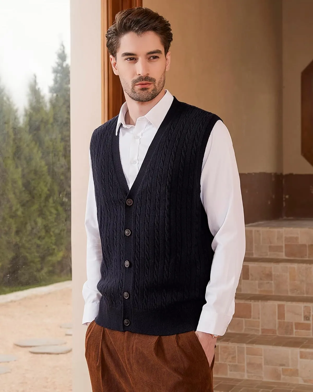 Kallspin Men's Cable Knit Sweater Vest Wool Blend V Neck Button Down Sleeveless Cardigan Vest
