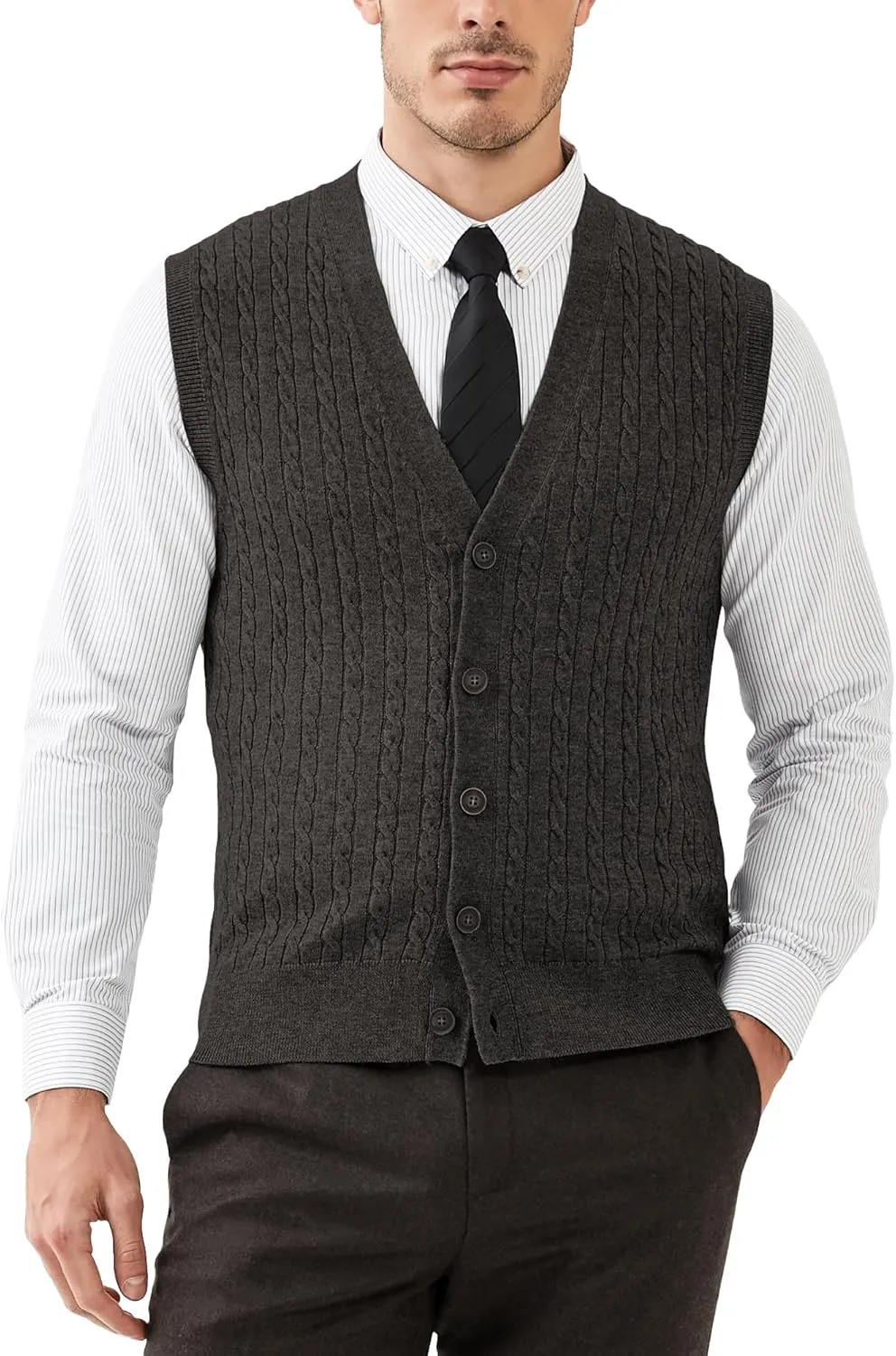 Kallspin Men's Cable Knit Sweater Vest Wool Blend V Neck Button Down Sleeveless Cardigan Vest