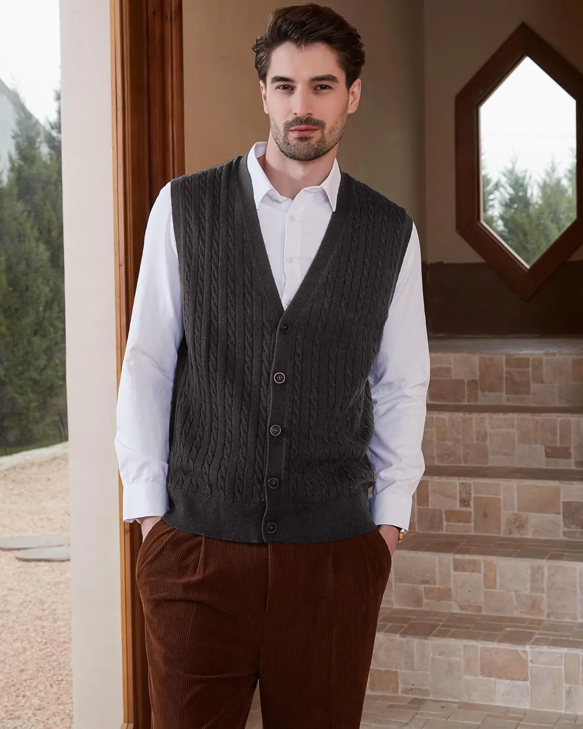 Kallspin Men's Cable Knit Sweater Vest Wool Blend V Neck Button Down Sleeveless Cardigan Vest