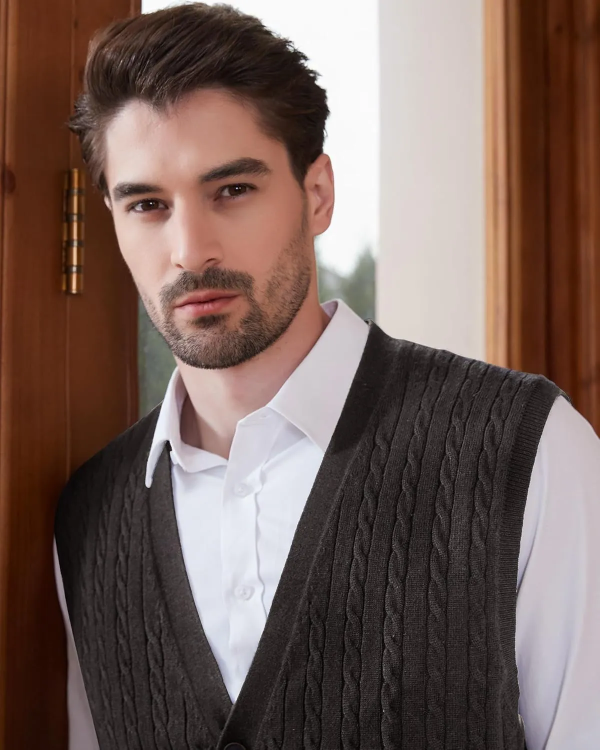 Kallspin Men's Cable Knit Sweater Vest Wool Blend V Neck Button Down Sleeveless Cardigan Vest