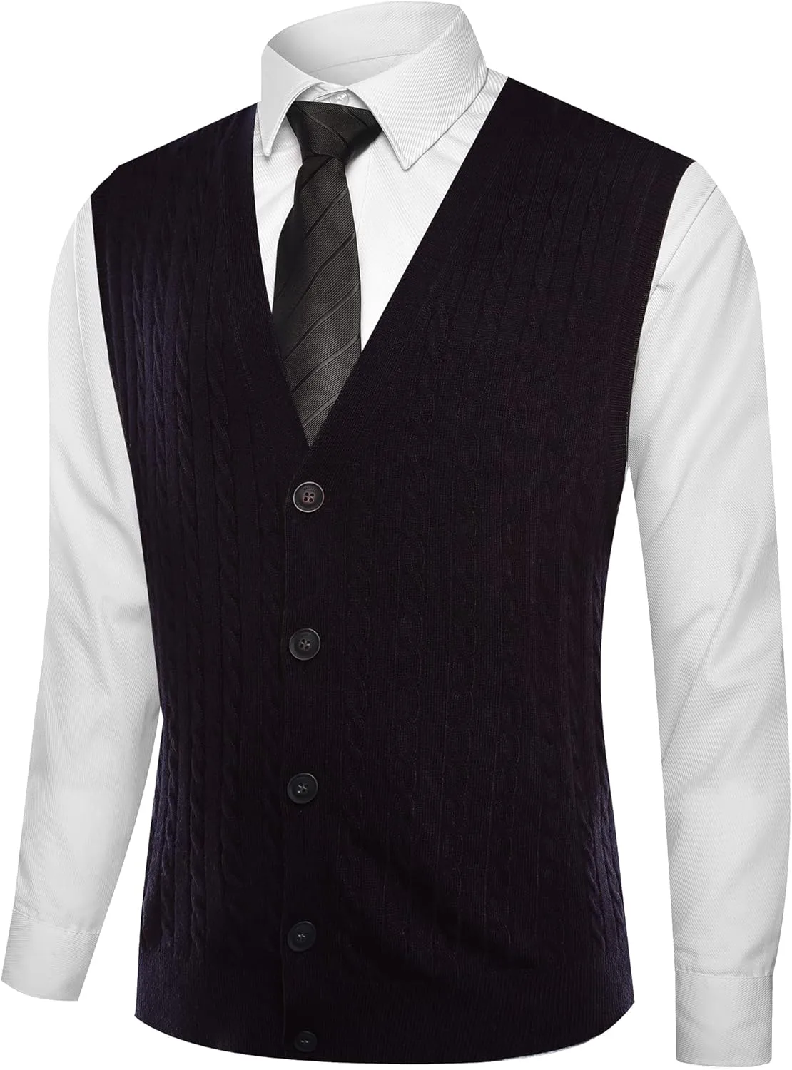 Kallspin Men's Cable Knit Sweater Vest Wool Blend V Neck Button Down Sleeveless Cardigan Vest