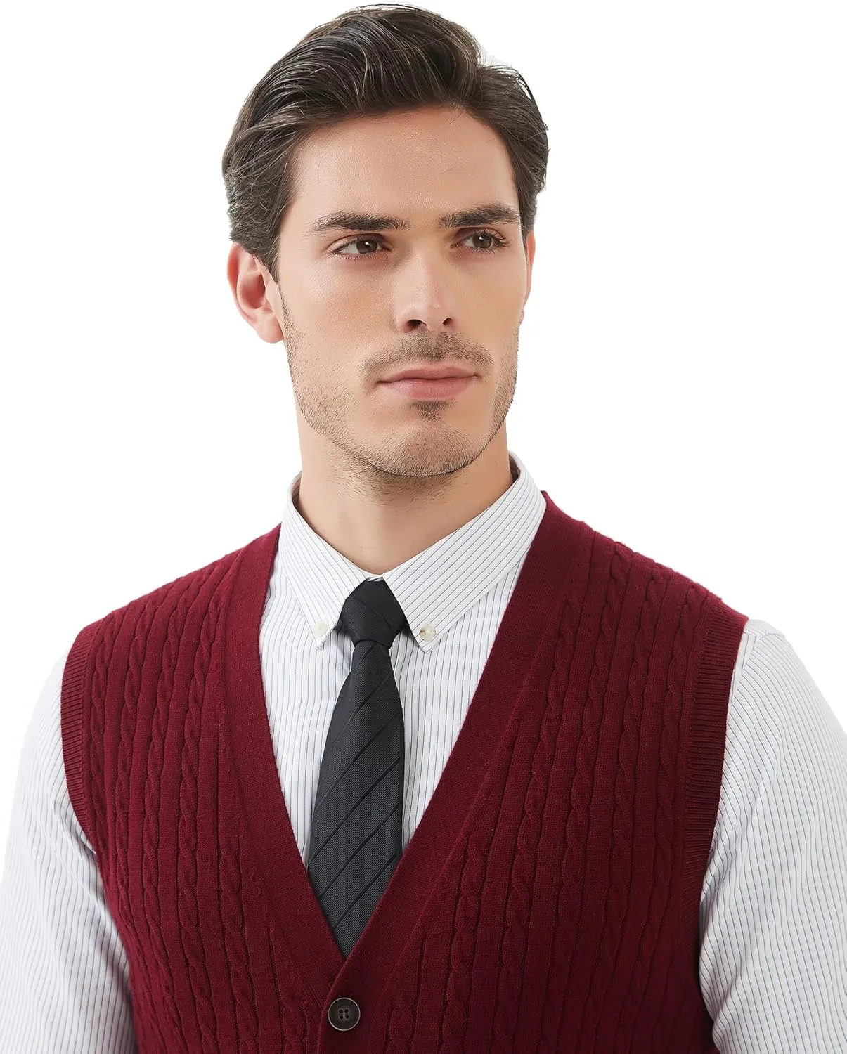 Kallspin Men's Cable Knit Sweater Vest Wool Blend V Neck Button Down Sleeveless Cardigan Vest