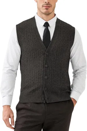 Kallspin Men's Cable Knit Sweater Vest Wool Blend V Neck Button Down Sleeveless Cardigan Vest
