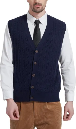 Kallspin Men's Cable Knit Sweater Vest Wool Blend V Neck Button Down Sleeveless Cardigan Vest