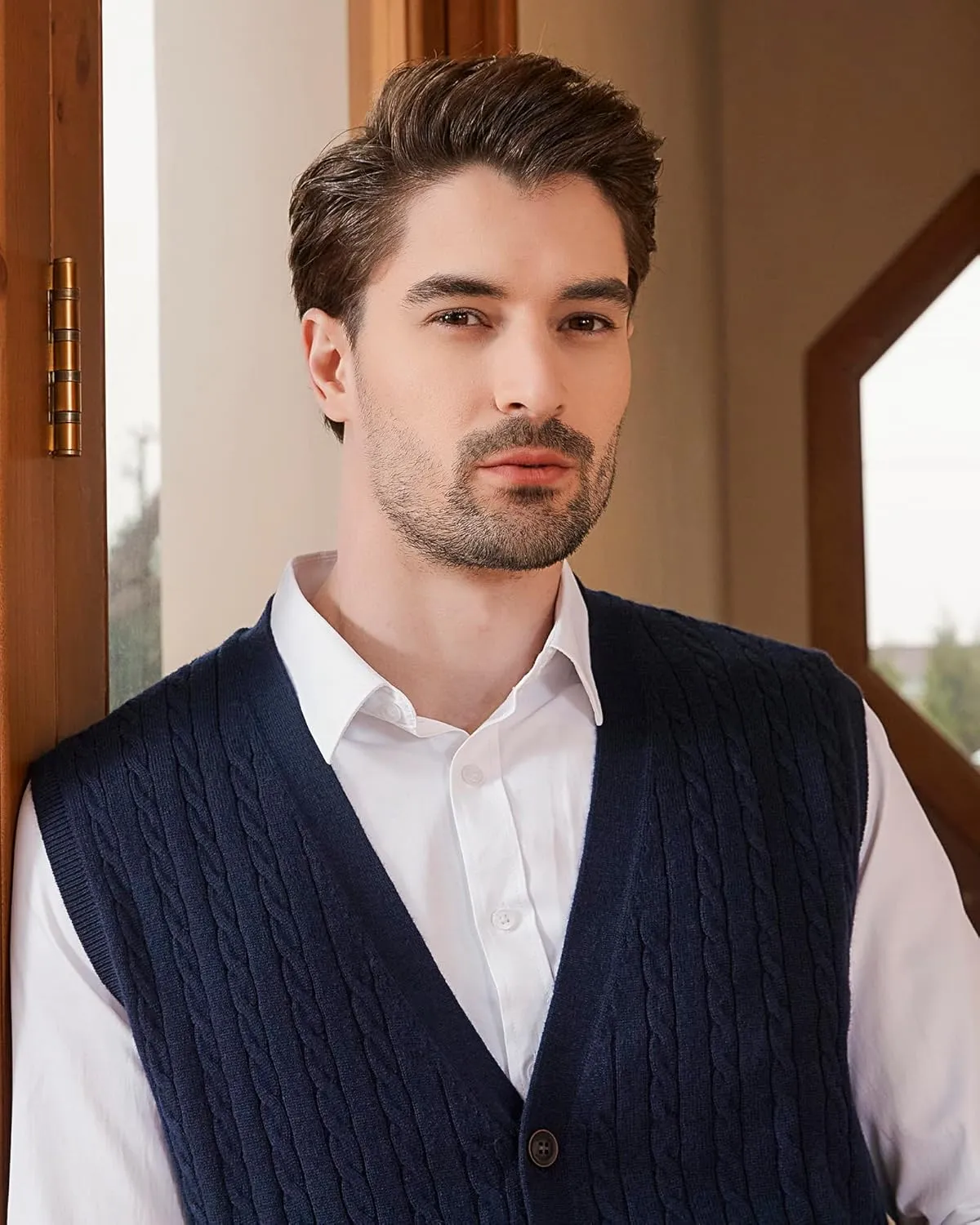 Kallspin Men's Cable Knit Sweater Vest Wool Blend V Neck Button Down Sleeveless Cardigan Vest