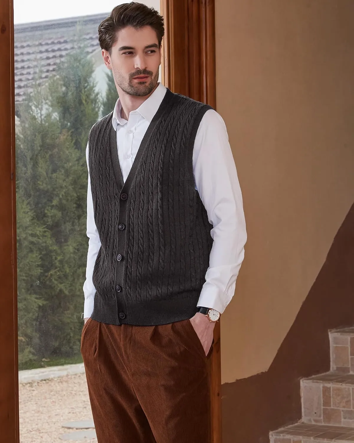 Kallspin Men's Cable Knit Sweater Vest Wool Blend V Neck Button Down Sleeveless Cardigan Vest