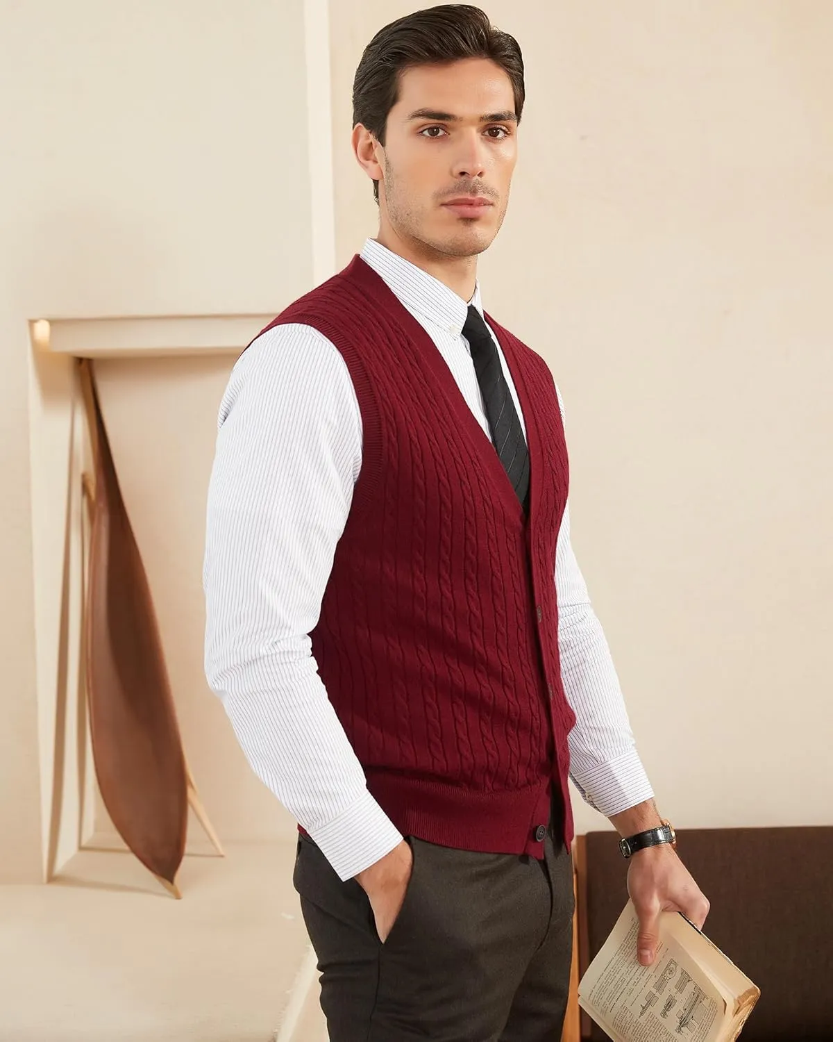 Kallspin Men's Cable Knit Sweater Vest Wool Blend V Neck Button Down Sleeveless Cardigan Vest
