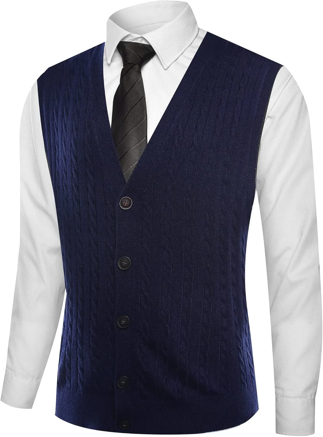Kallspin Men's Cable Knit Sweater Vest Wool Blend V Neck Button Down Sleeveless Cardigan Vest