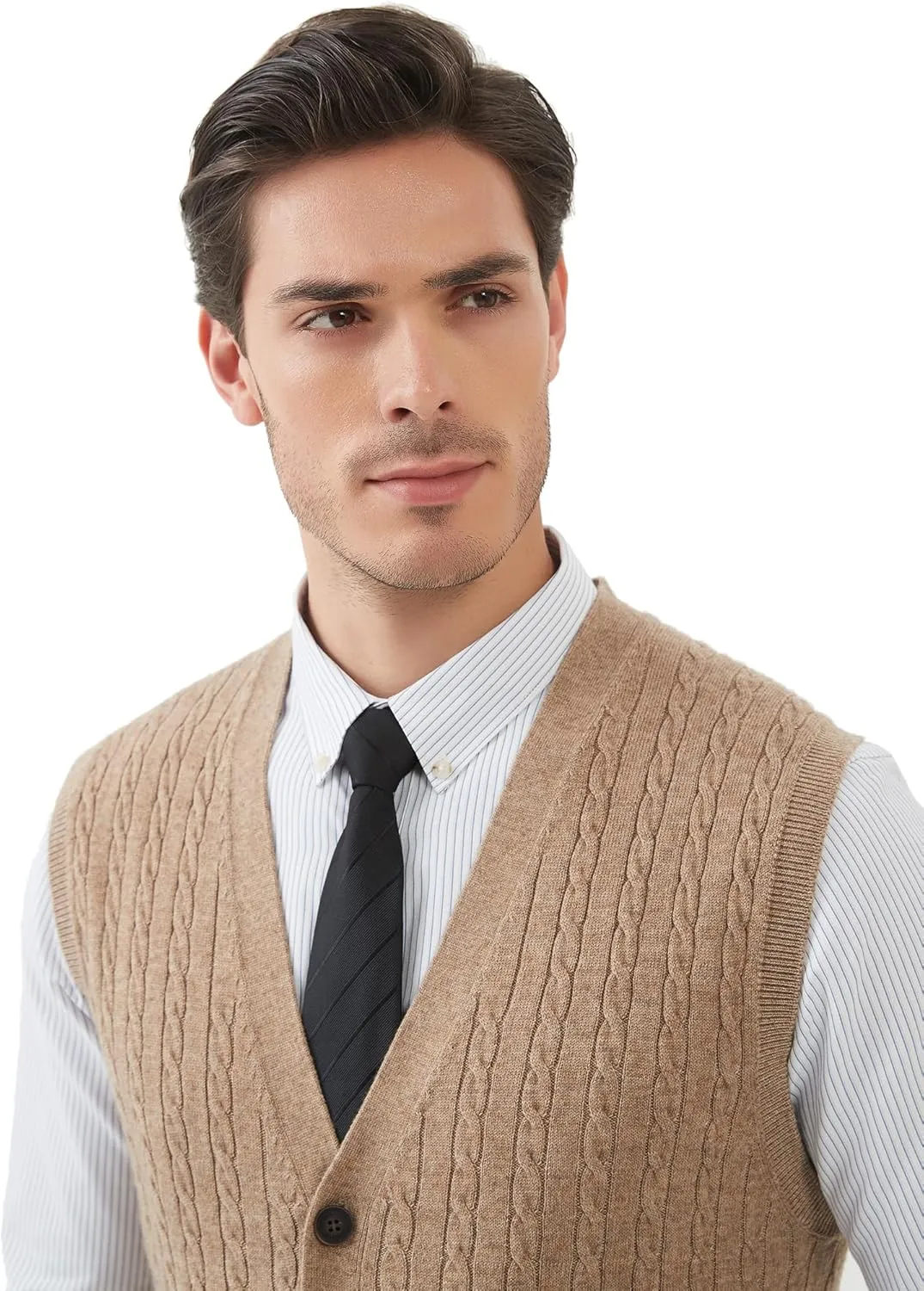 Kallspin Men's Cable Knit Sweater Vest Wool Blend V Neck Button Down Sleeveless Cardigan Vest