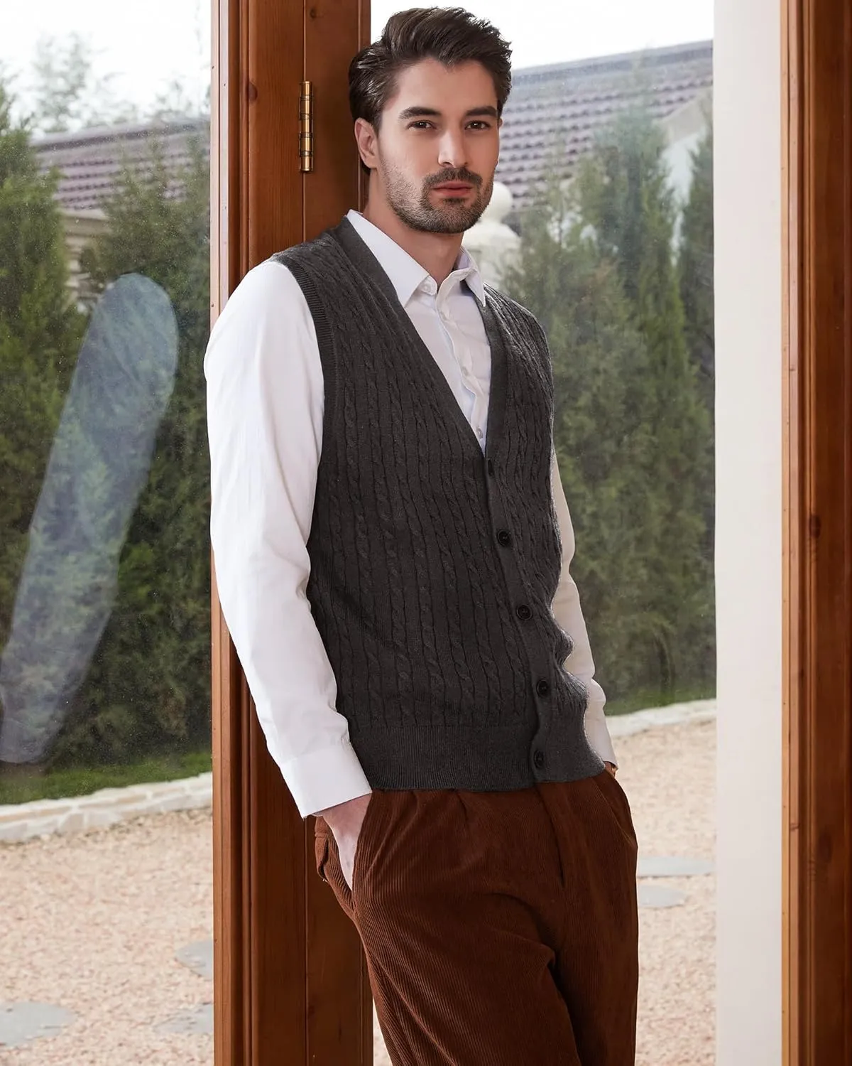 Kallspin Men's Cable Knit Sweater Vest Wool Blend V Neck Button Down Sleeveless Cardigan Vest