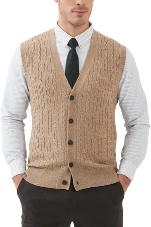 Kallspin Men's Cable Knit Sweater Vest Wool Blend V Neck Button Down Sleeveless Cardigan Vest