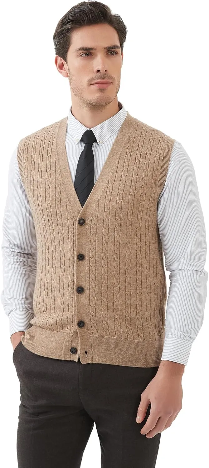 Kallspin Men's Cable Knit Sweater Vest Wool Blend V Neck Button Down Sleeveless Cardigan Vest