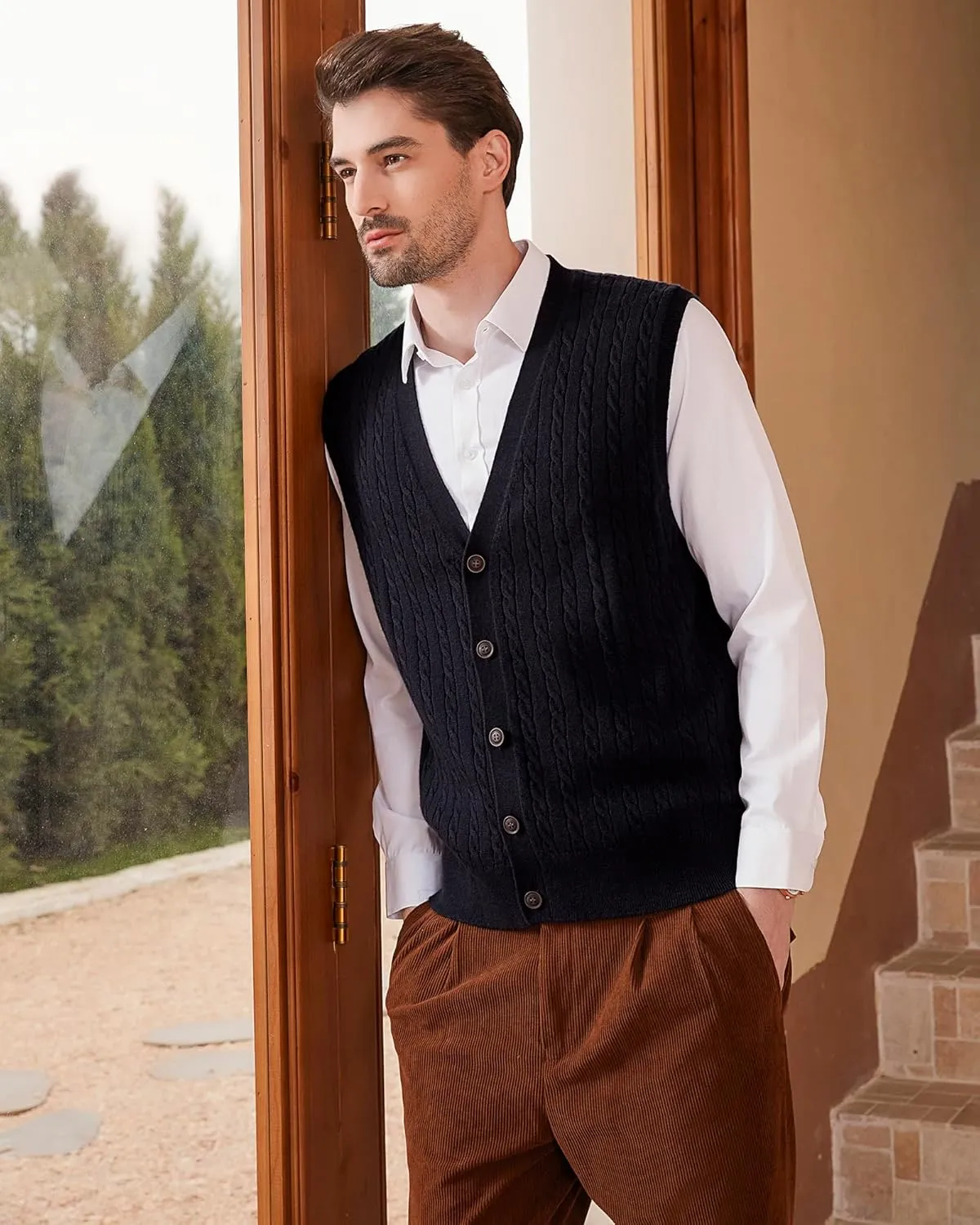 Kallspin Men's Cable Knit Sweater Vest Wool Blend V Neck Button Down Sleeveless Cardigan Vest