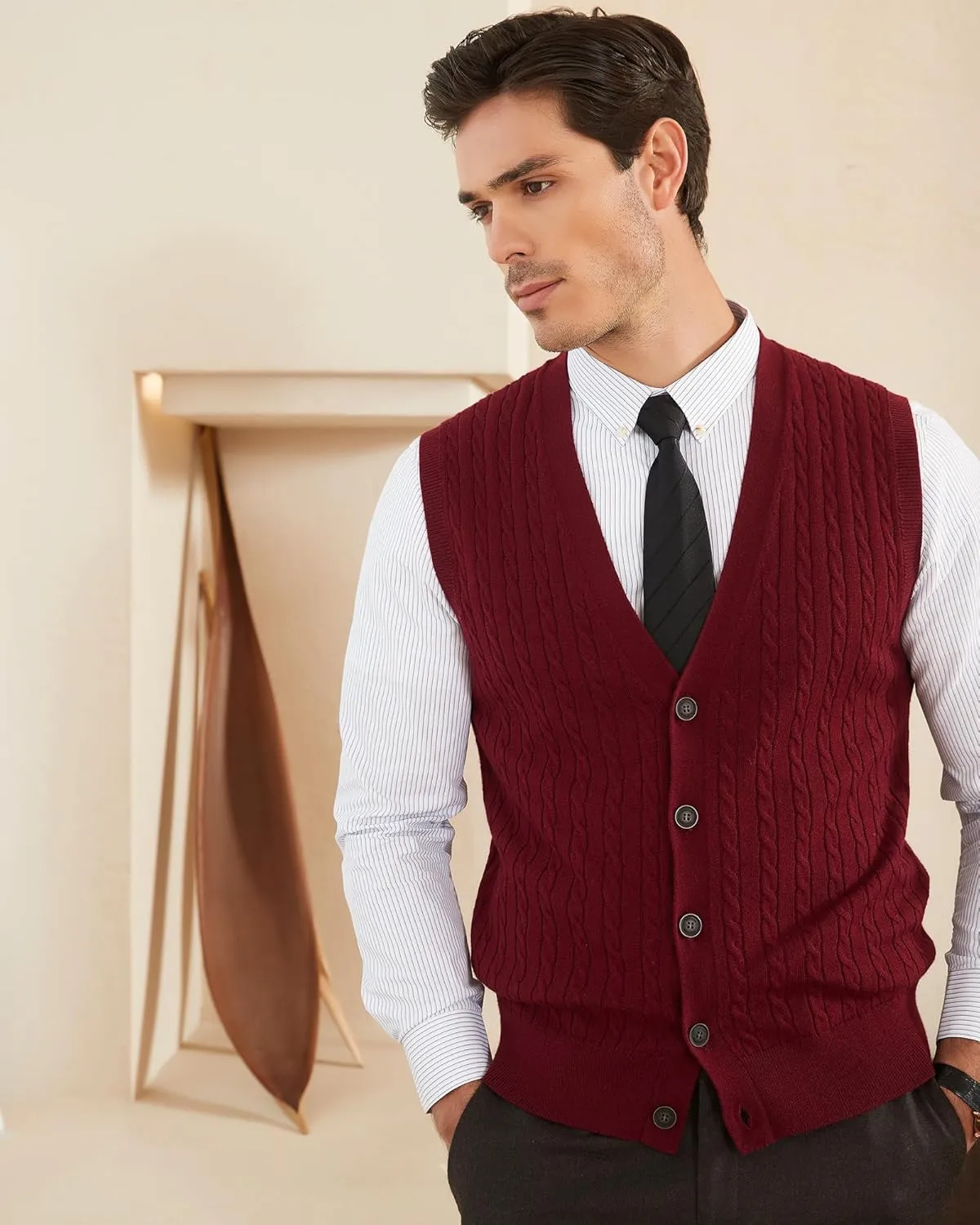 Kallspin Men's Cable Knit Sweater Vest Wool Blend V Neck Button Down Sleeveless Cardigan Vest