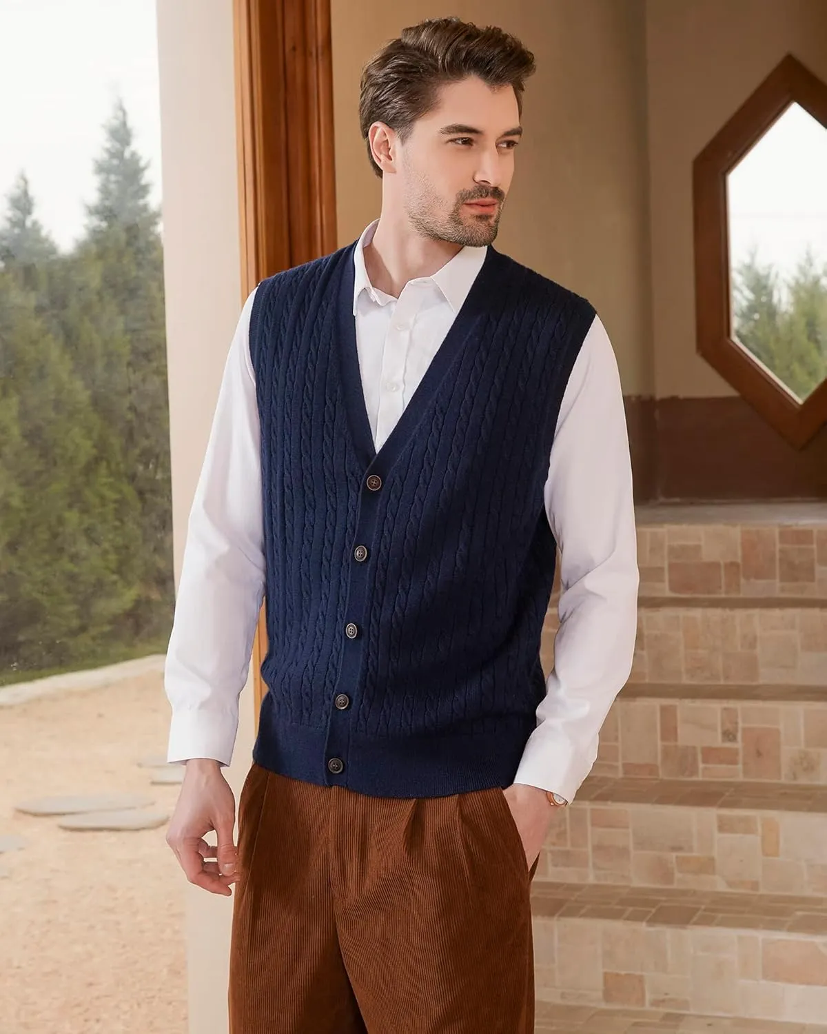 Kallspin Men's Cable Knit Sweater Vest Wool Blend V Neck Button Down Sleeveless Cardigan Vest