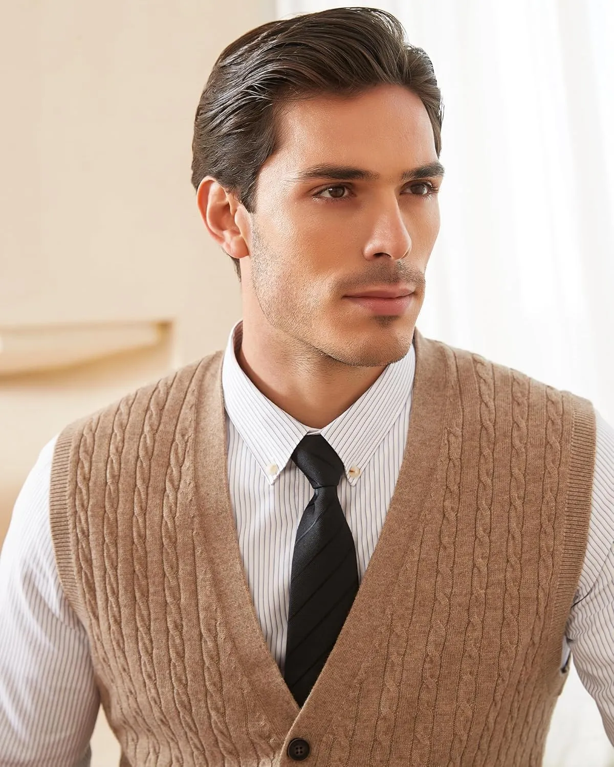 Kallspin Men's Cable Knit Sweater Vest Wool Blend V Neck Button Down Sleeveless Cardigan Vest