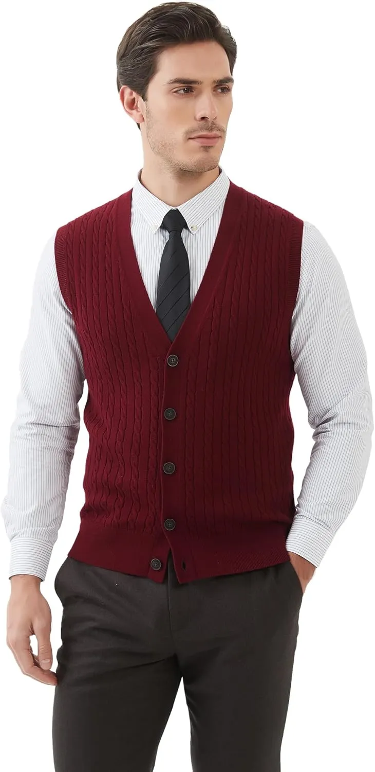 Kallspin Men's Cable Knit Sweater Vest Wool Blend V Neck Button Down Sleeveless Cardigan Vest