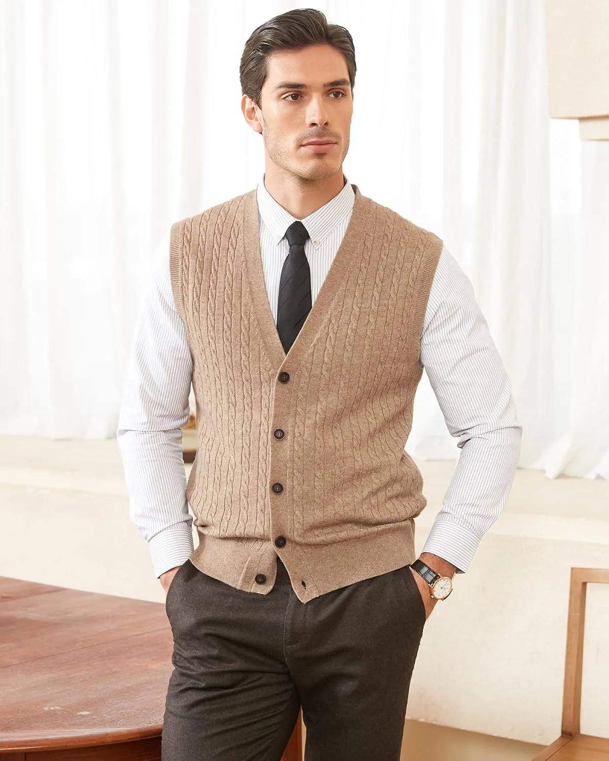 Kallspin Men's Cable Knit Sweater Vest Wool Blend V Neck Button Down Sleeveless Cardigan Vest