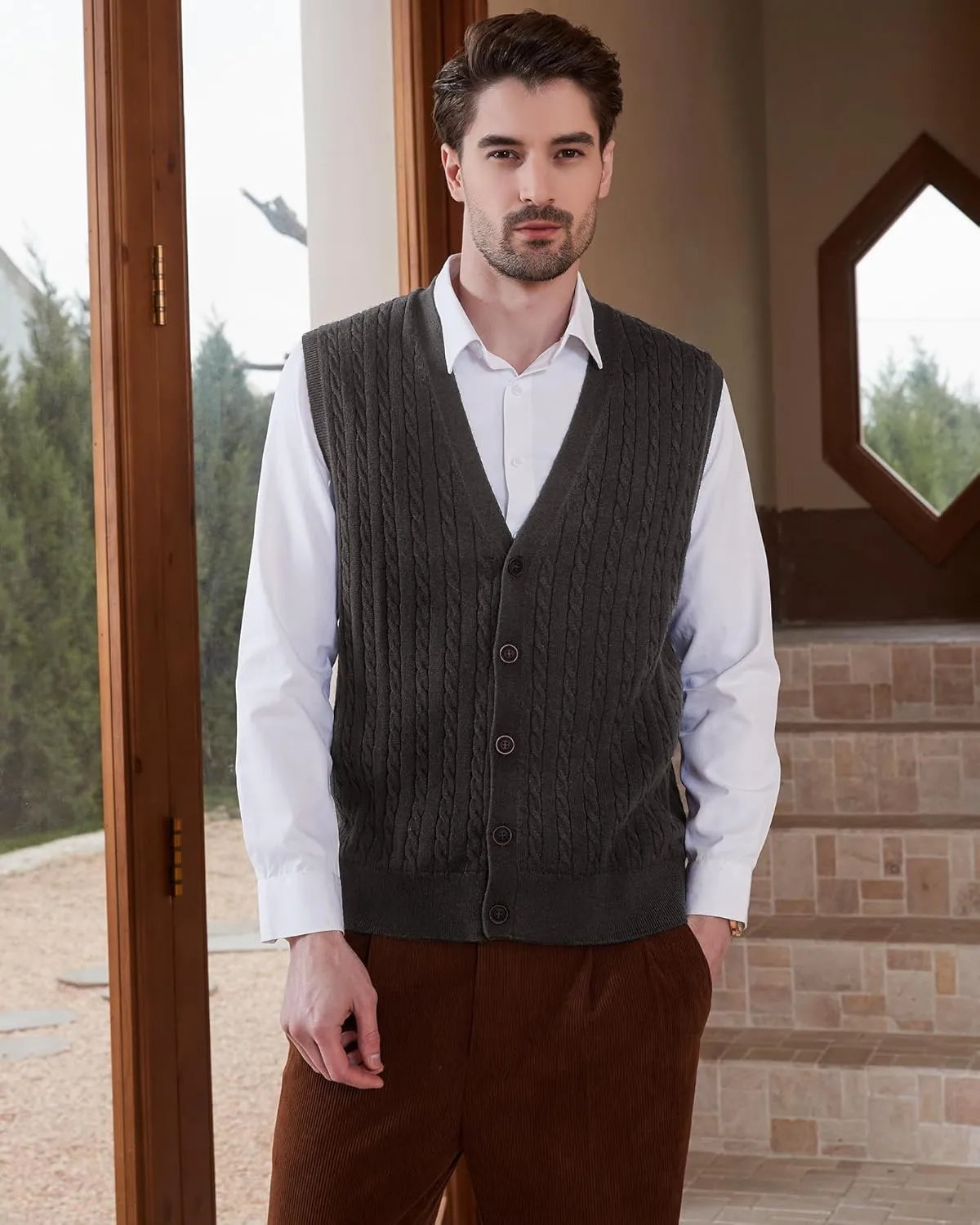 Kallspin Men's Cable Knit Sweater Vest Wool Blend V Neck Button Down Sleeveless Cardigan Vest
