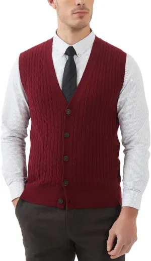 Kallspin Men's Cable Knit Sweater Vest Wool Blend V Neck Button Down Sleeveless Cardigan Vest