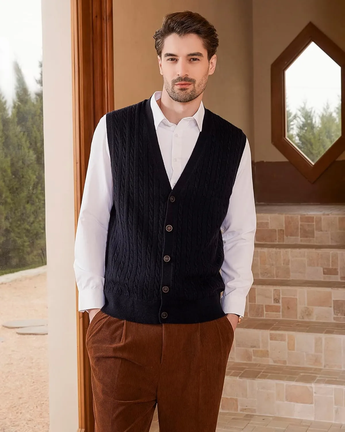 Kallspin Men's Cable Knit Sweater Vest Wool Blend V Neck Button Down Sleeveless Cardigan Vest