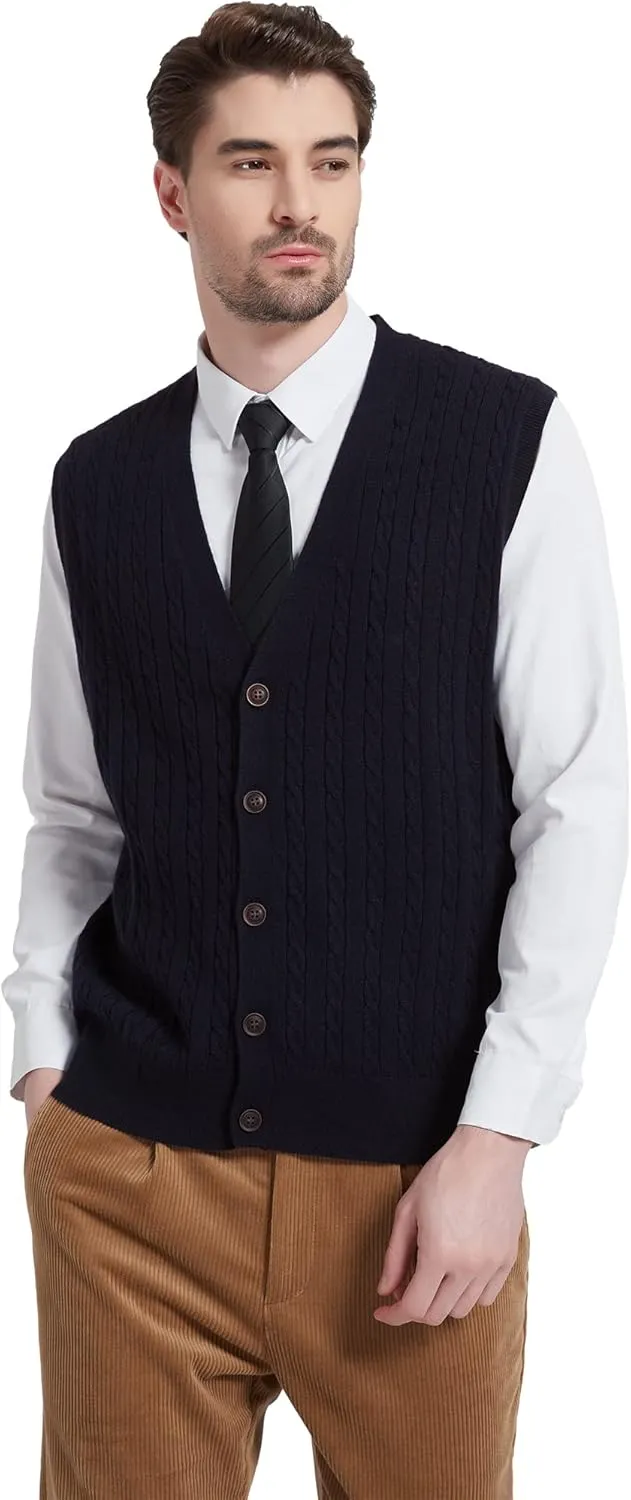 Kallspin Men's Cable Knit Sweater Vest Wool Blend V Neck Button Down Sleeveless Cardigan Vest