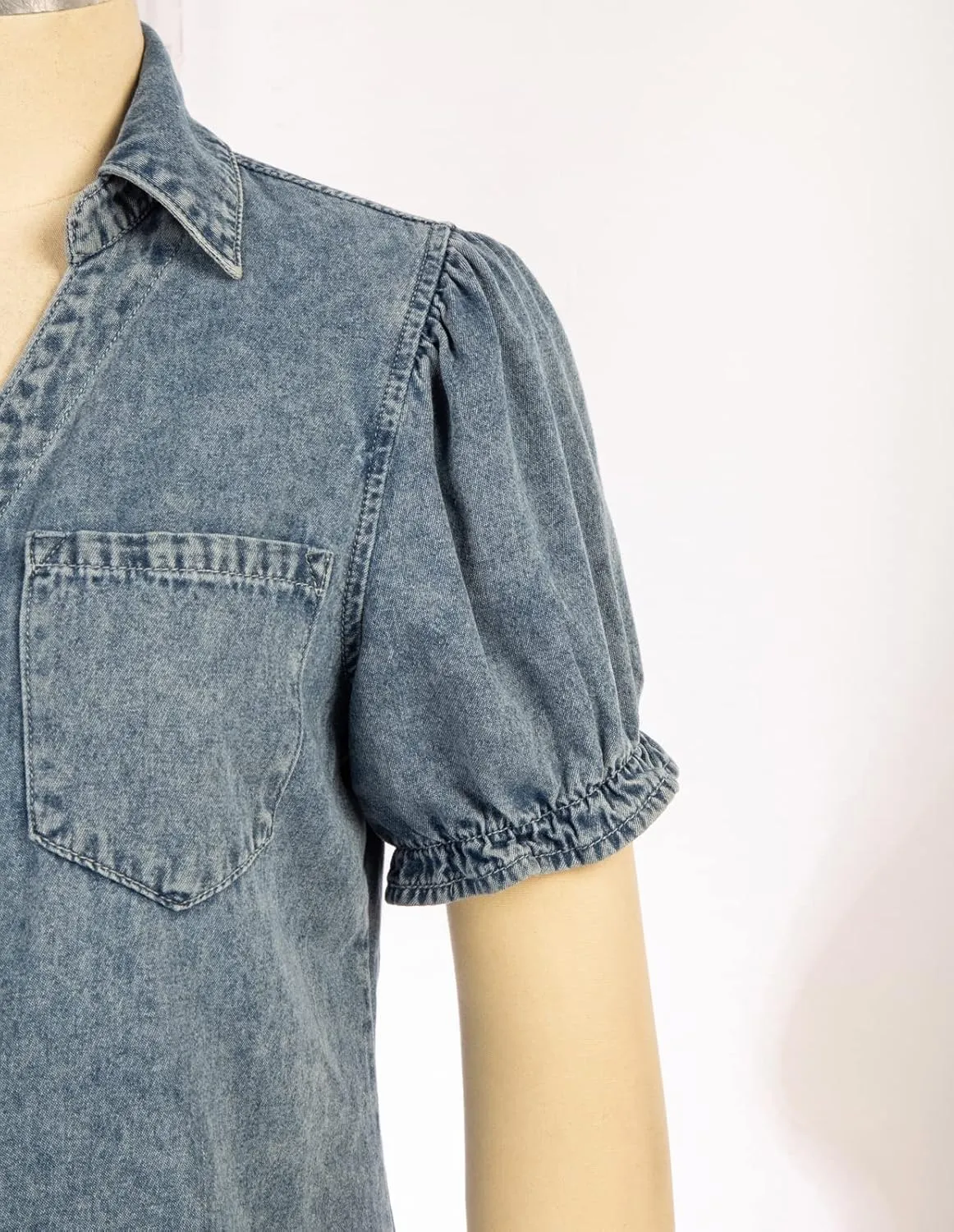 KANCY KOLE Womens Denim Shirts Button Down Short Puff Sleeve Lightweight Jeans Shirts with Pocket Business Casual Tops