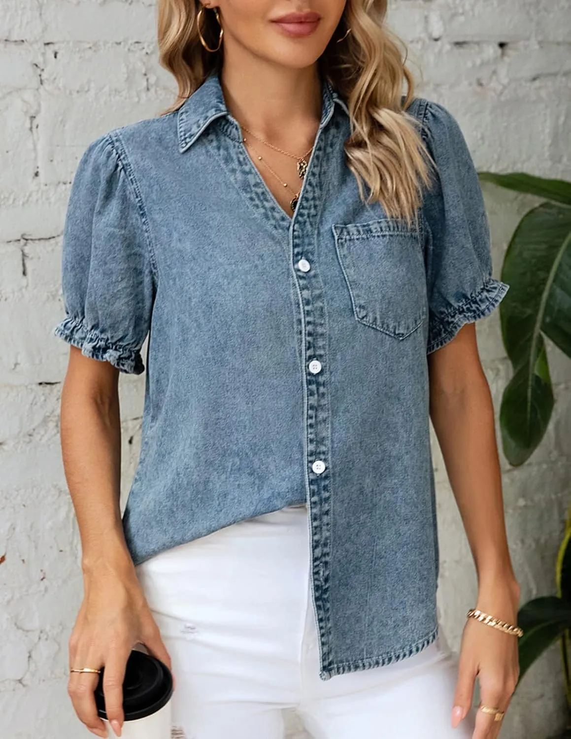 KANCY KOLE Womens Denim Shirts Button Down Short Puff Sleeve Lightweight Jeans Shirts with Pocket Business Casual Tops