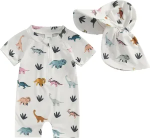 Karuedoo Infant Toddler Baby Boy Swimsuit One Piece Zipper Rash Guard Swimwear Bathing Suit Beach Wear Sunsuit with Hat