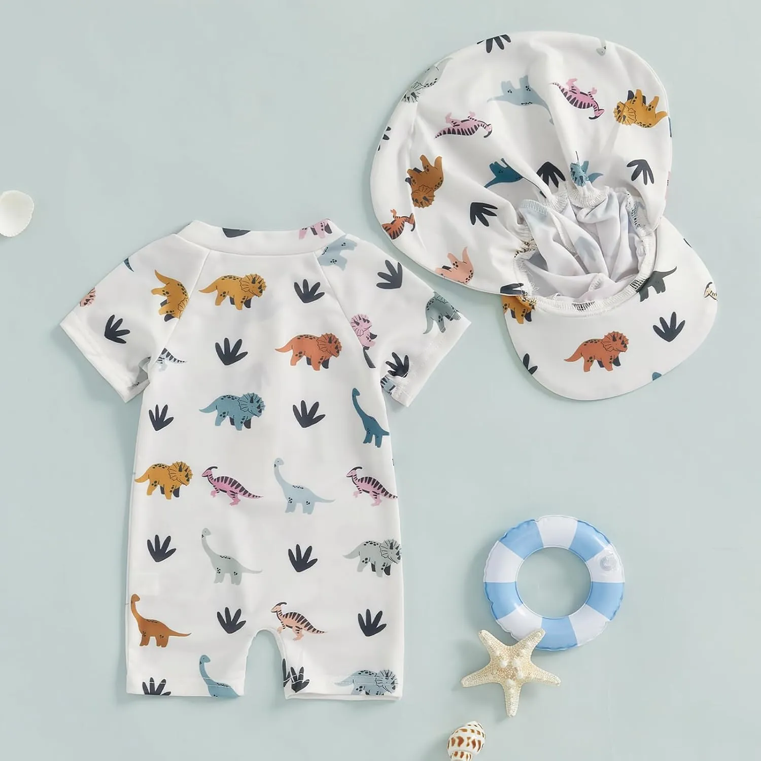 Karuedoo Infant Toddler Baby Boy Swimsuit One Piece Zipper Rash Guard Swimwear Bathing Suit Beach Wear Sunsuit with Hat