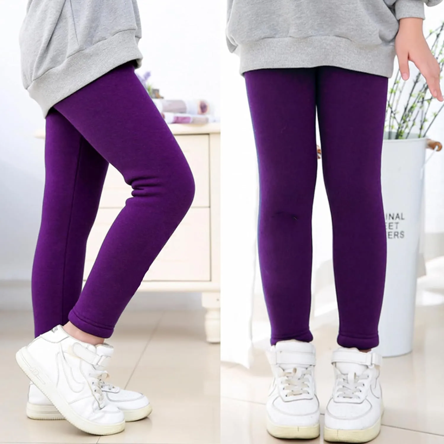 Kiench Girls Winter Leggings Fleece Lined Kids Warm Cotton Pants Pack of 2