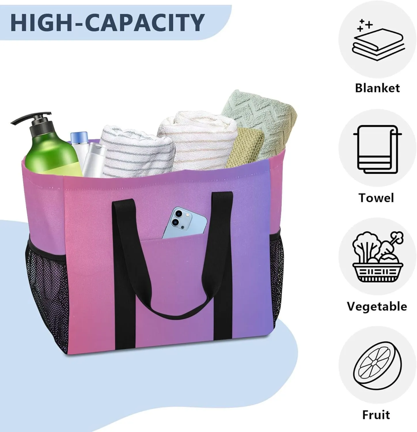 KLL Beach Bag with Handles Foldable Water Resistant Reusable Grocery Shopping Bags