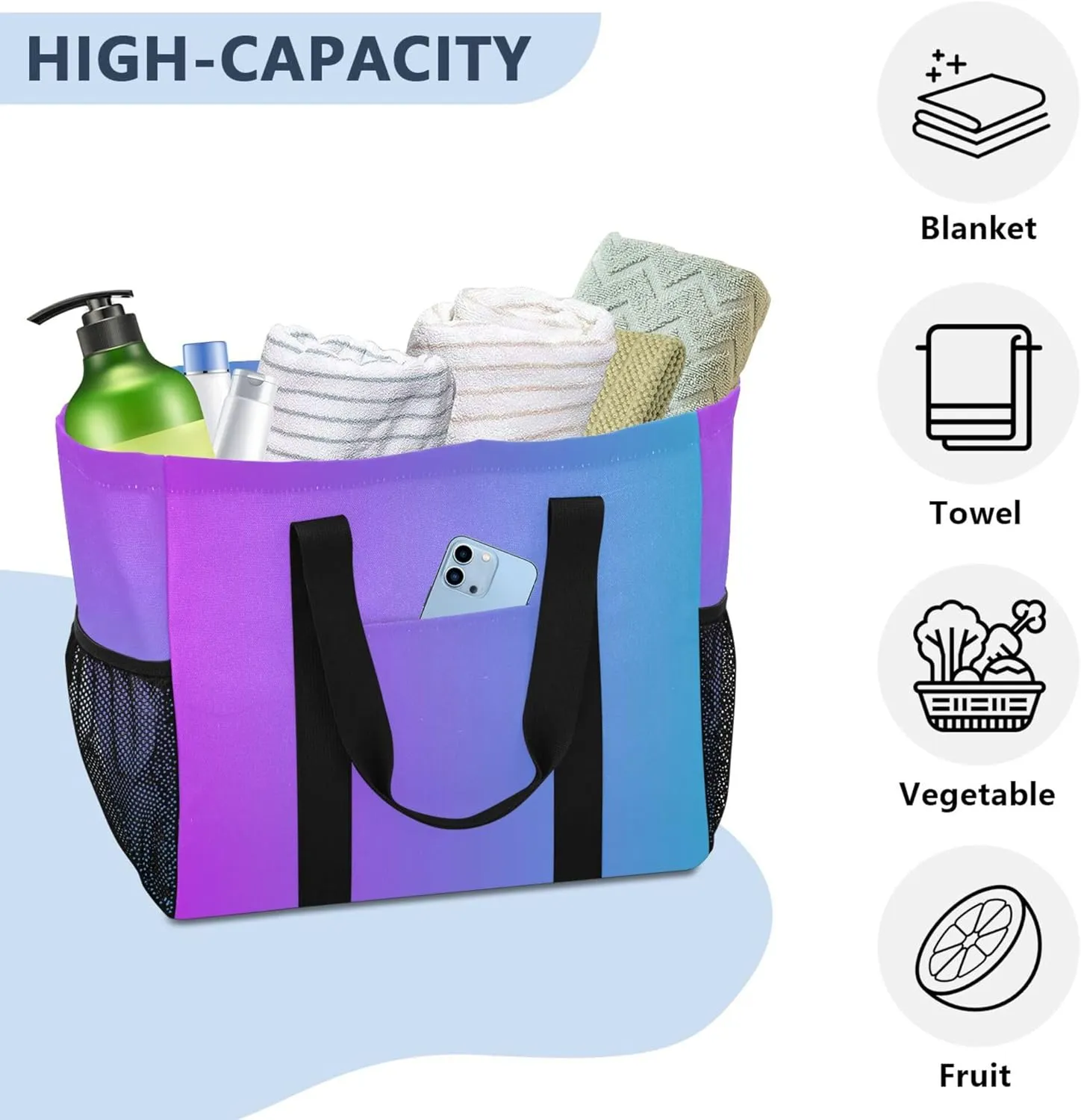 KLL Beach Bag with Handles Foldable Water Resistant Reusable Grocery Shopping Bags