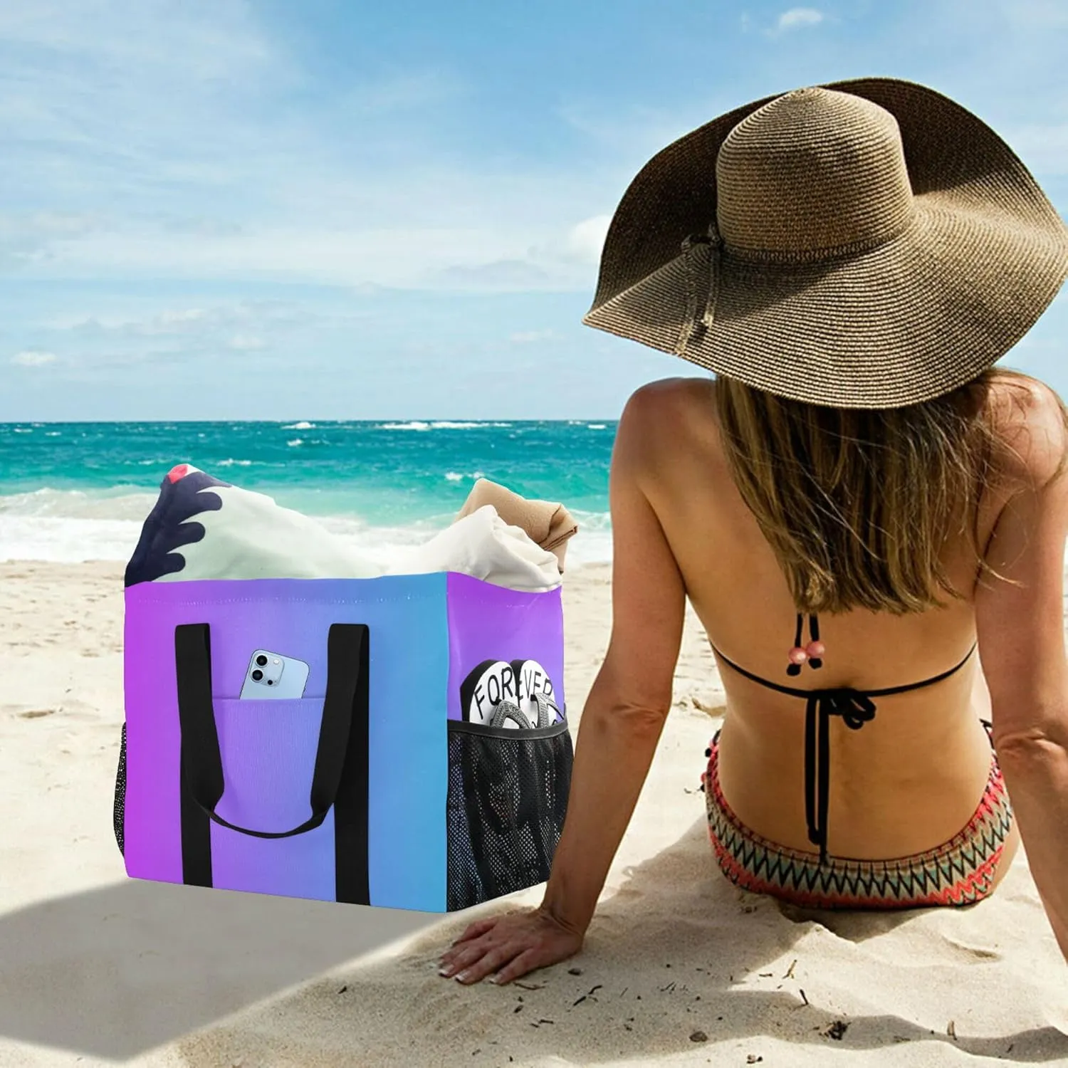 KLL Beach Bag with Handles Foldable Water Resistant Reusable Grocery Shopping Bags